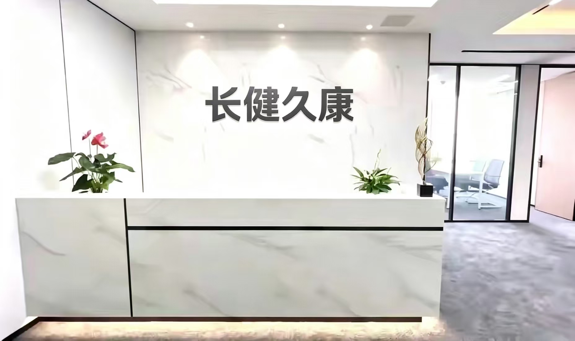 现代化办公室接待区域，前台接待台，公司标识牌，绿植装饰，明亮自然光线